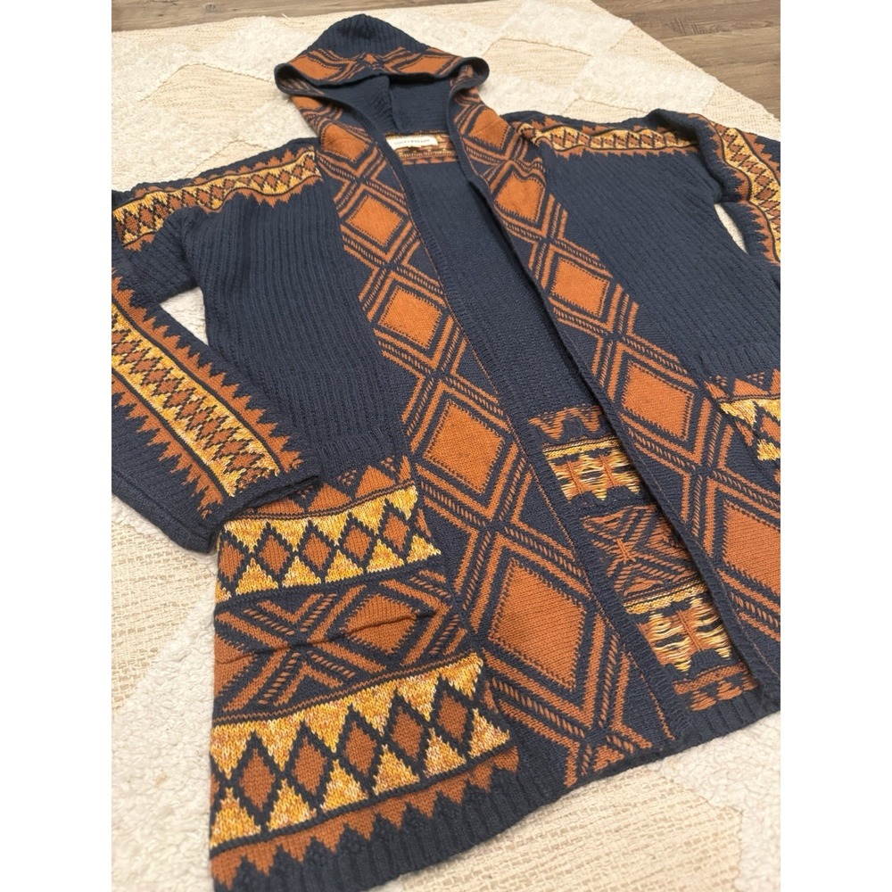 Lucky Brand Southwestern Aztec Cardigan Med Blue Oversize Boho Retro Cozy Hooded - Picture 2 of 9